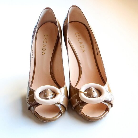 Escada Patent Leather Peep Toe Heels Pumps Designer Formal Dress Shoes Size 8.5 - Picture 13 of 16